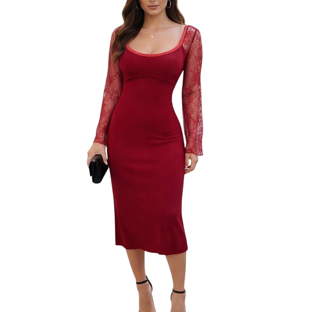 Florence Levy Paris Red Lace Sleeve Bodycon Cocktail Dress Scoop Neck Midi, S